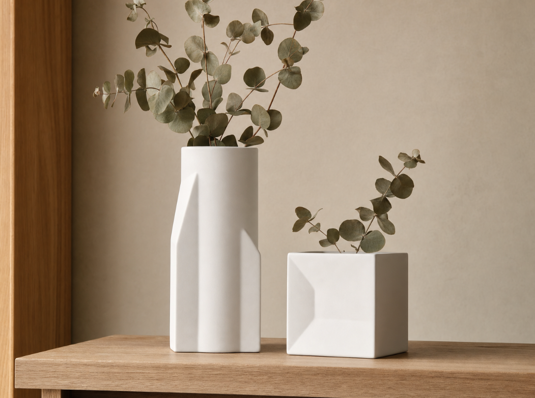 Geometric Minimalist Matte White Vase Duo