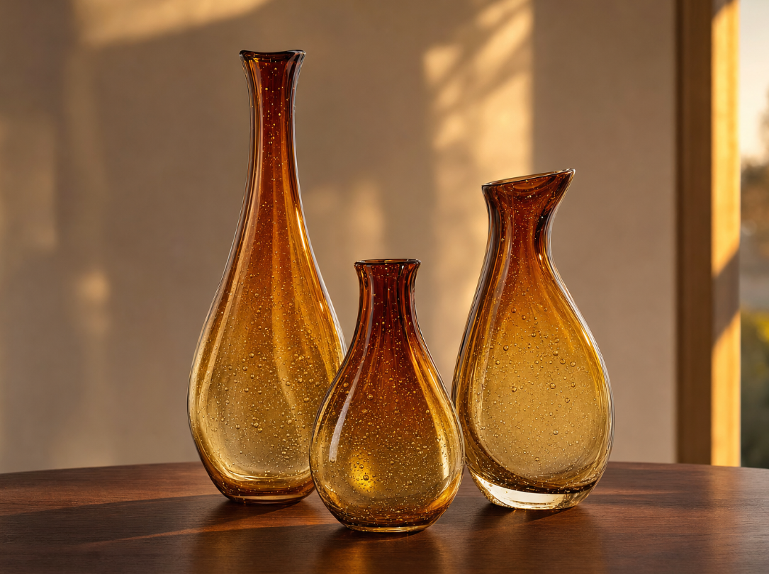 Amber Glow Hand-Blown Glass Vase Trio
