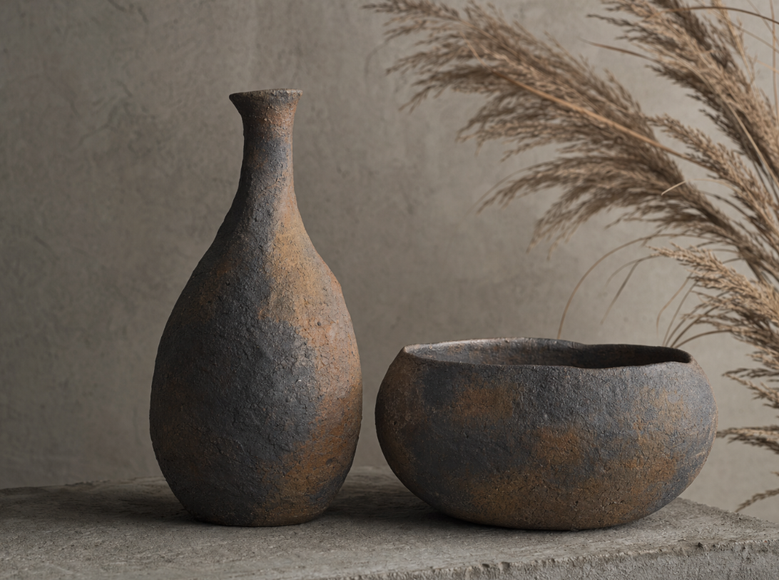 Wabi-Sabi Earthy Stoneware Vase Pair
