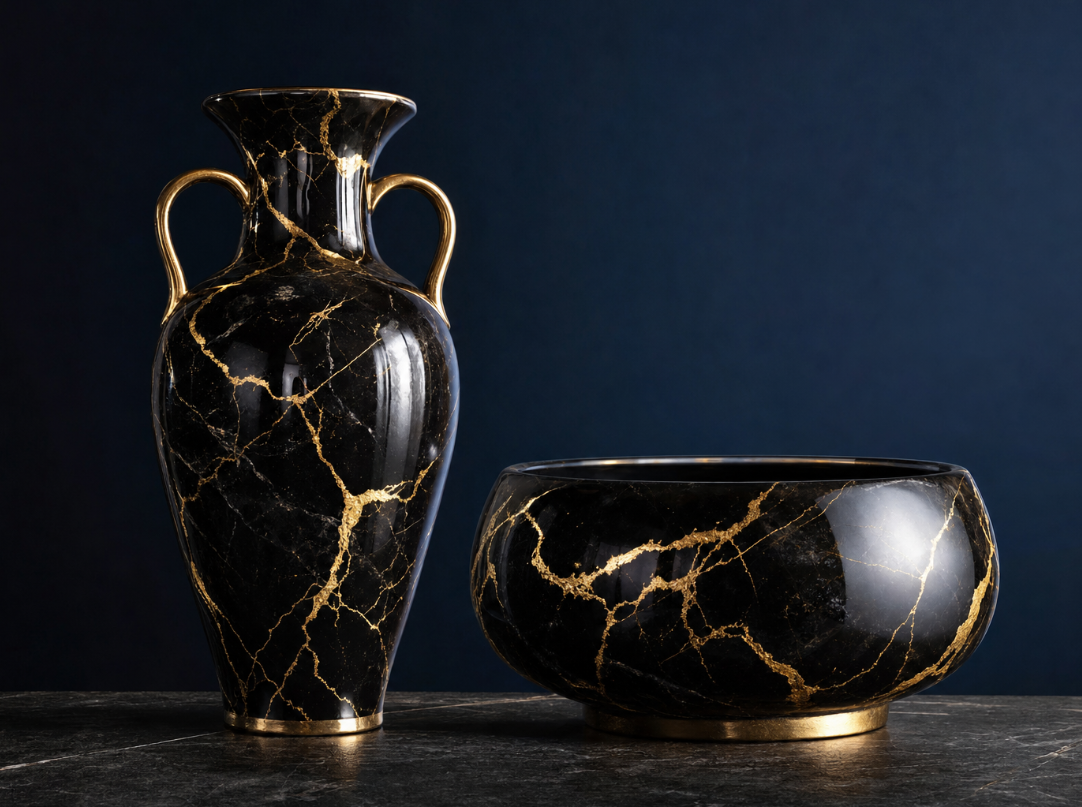 Luxurious Black Gold Marble Ceramic Vases